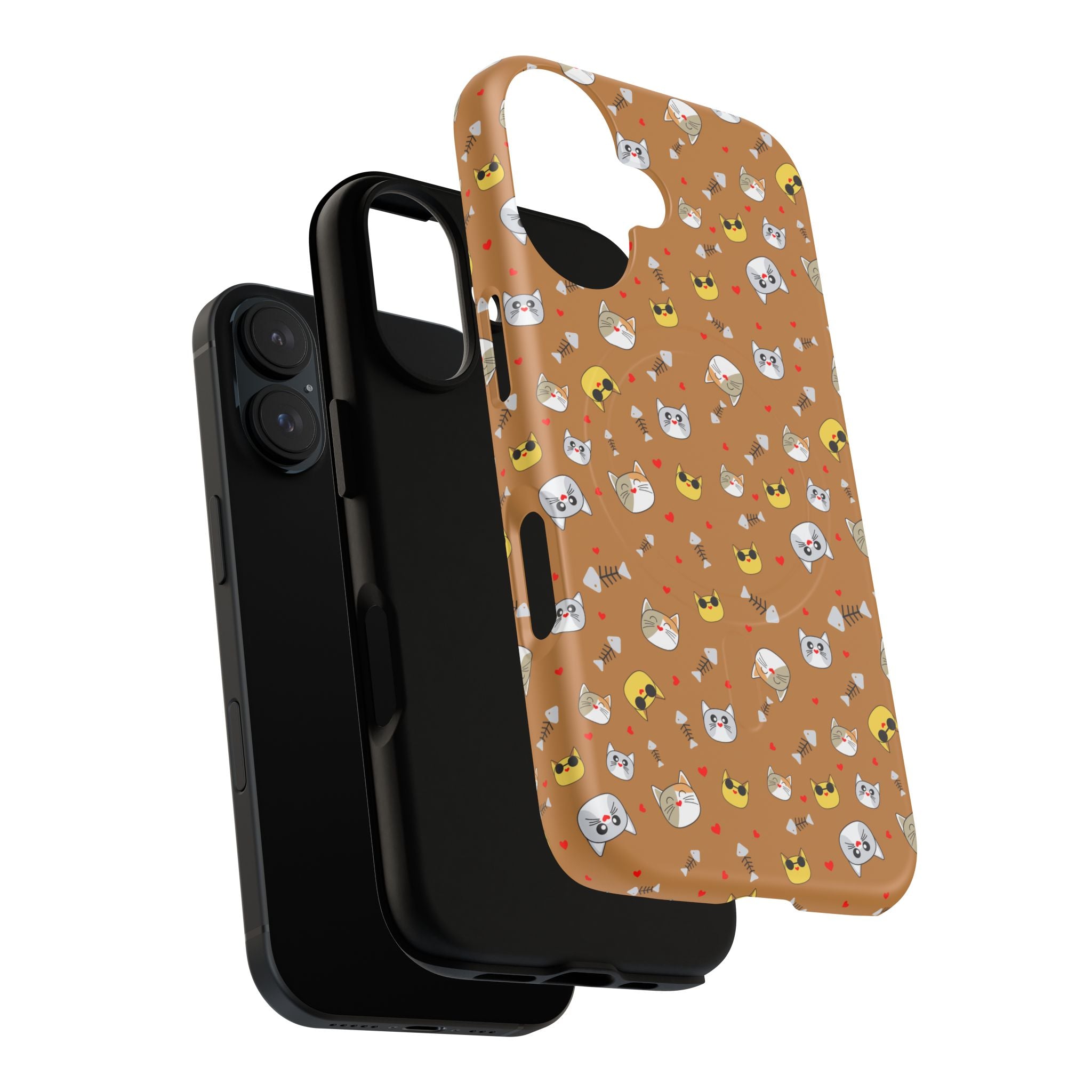 Cat Pattern Tough Magnetic Phone Case — Cute Kawaii Cat Faces on Brown