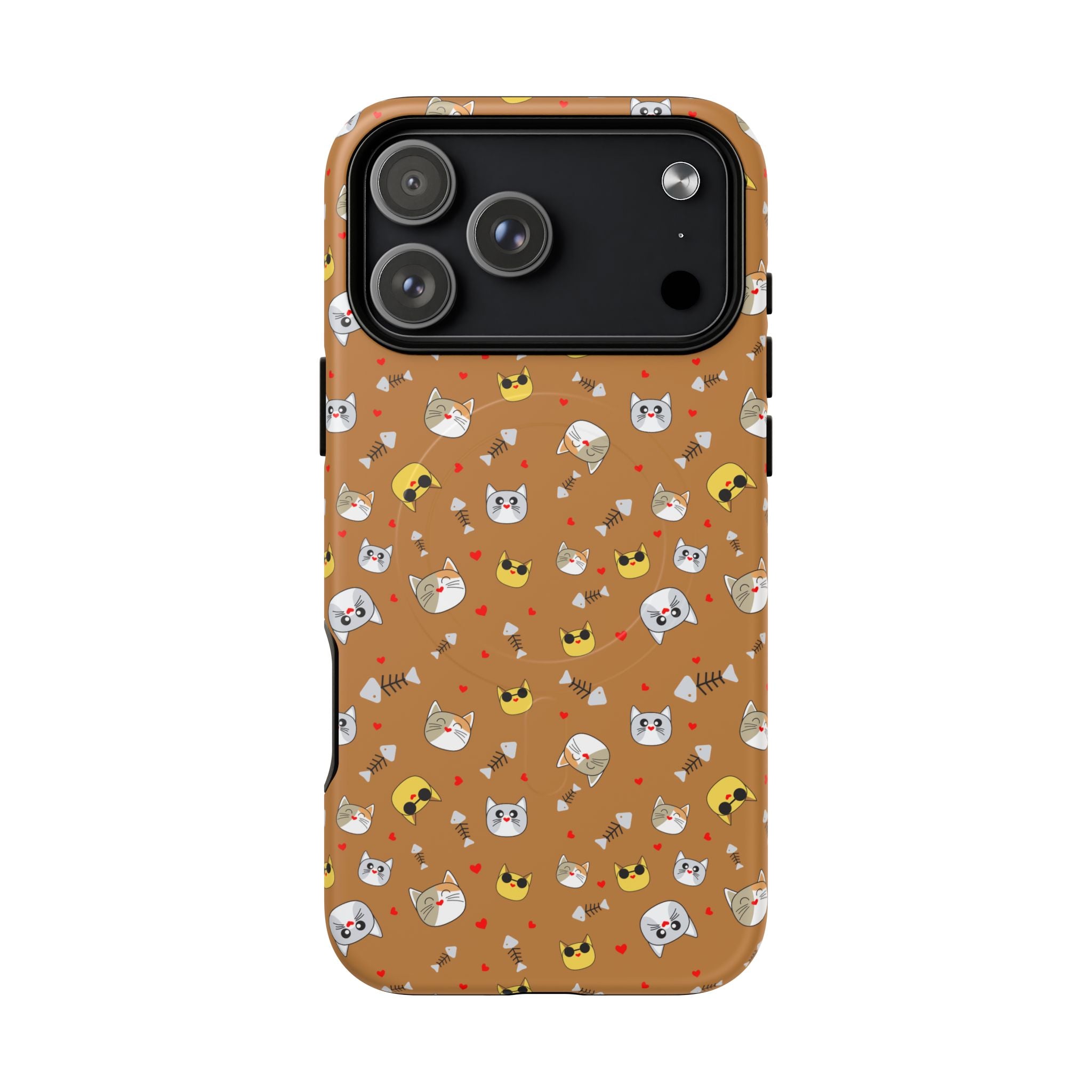 Cat Pattern Tough Magnetic Phone Case — Cute Kawaii Cat Faces on Brown