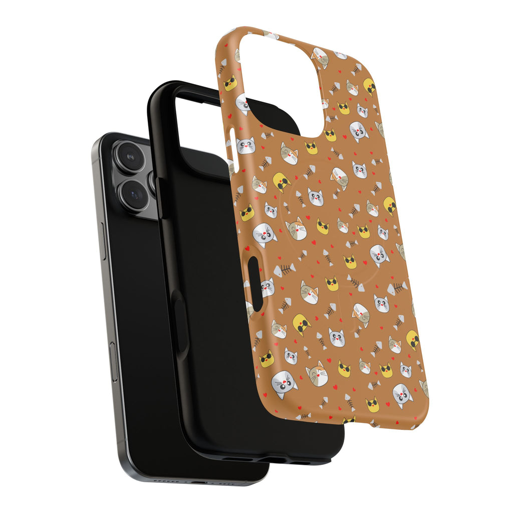 Cat Pattern Tough Magnetic Phone Case — Cute Kawaii Cat Faces on Brown