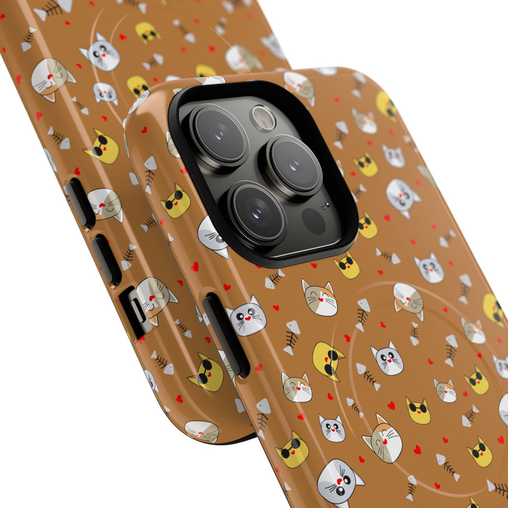 Cat Pattern Tough Magnetic Phone Case — Cute Kawaii Cat Faces on Brown