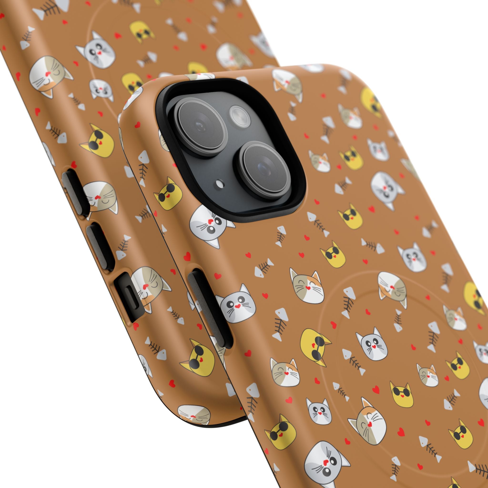 Cat Pattern Tough Magnetic Phone Case — Cute Kawaii Cat Faces on Brown