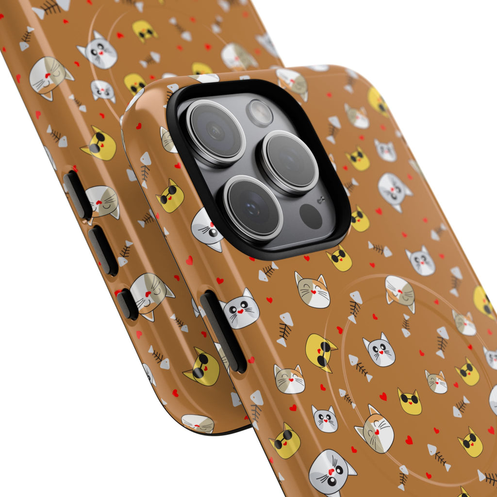 Cat Pattern Tough Magnetic Phone Case — Cute Kawaii Cat Faces on Brown