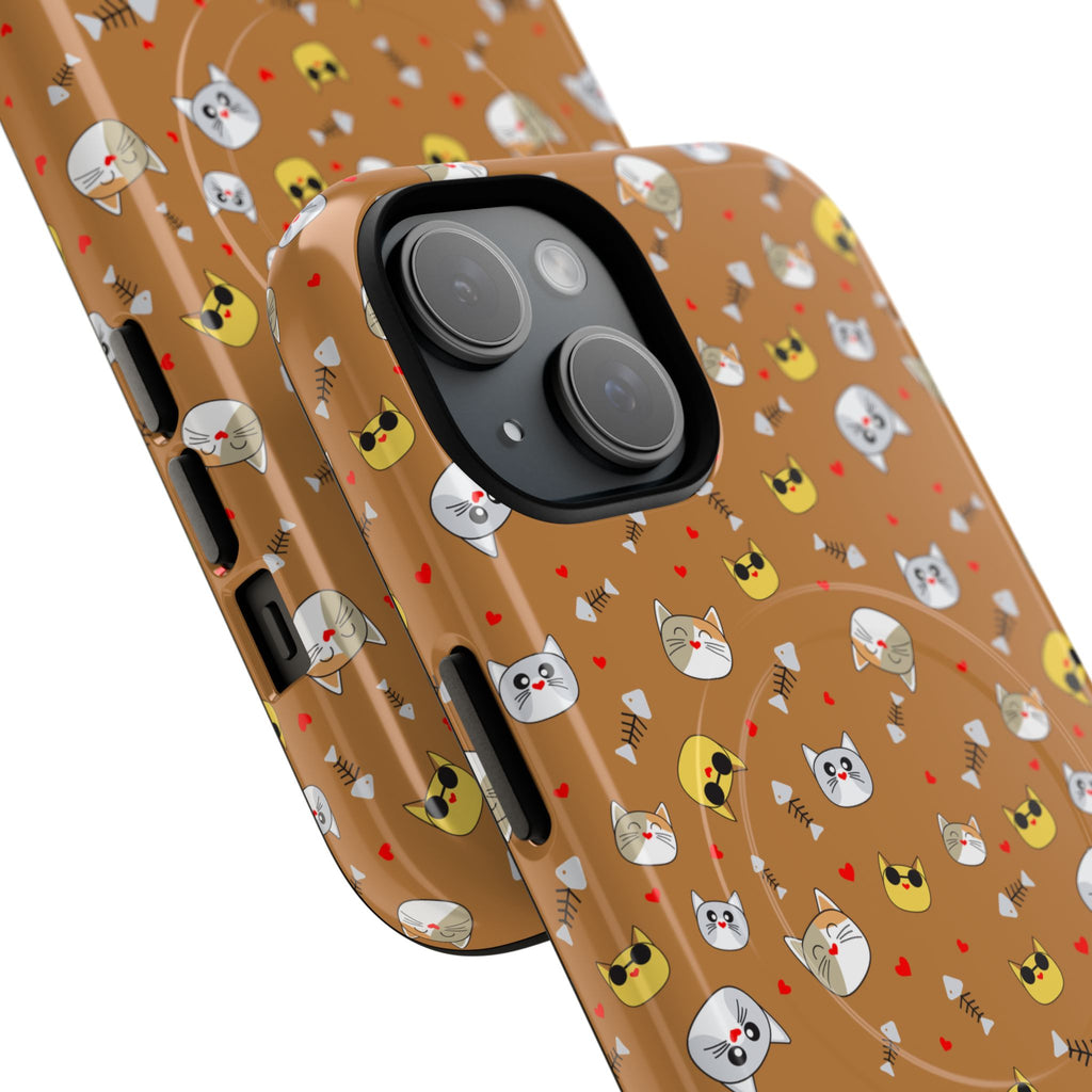 Cat Pattern Tough Magnetic Phone Case — Cute Kawaii Cat Faces on Brown