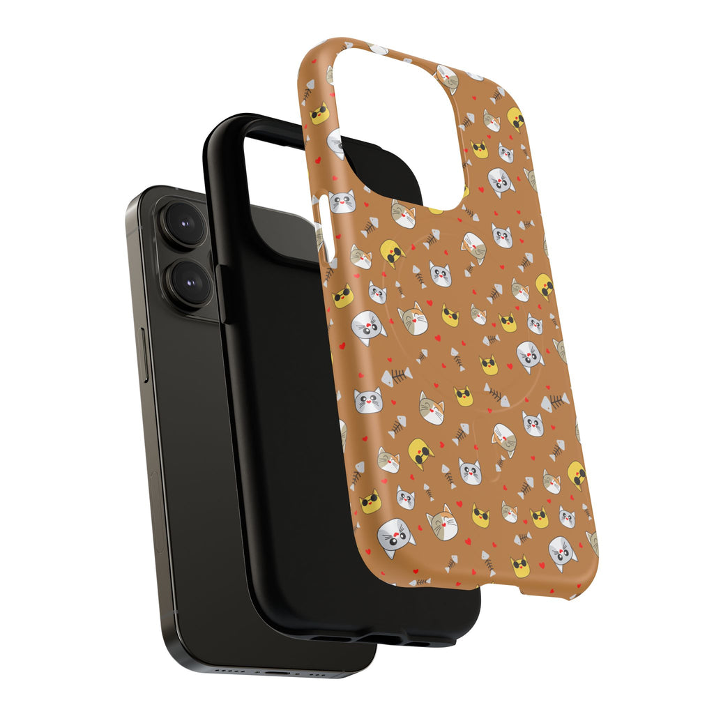 Cat Pattern Tough Magnetic Phone Case — Cute Kawaii Cat Faces on Brown