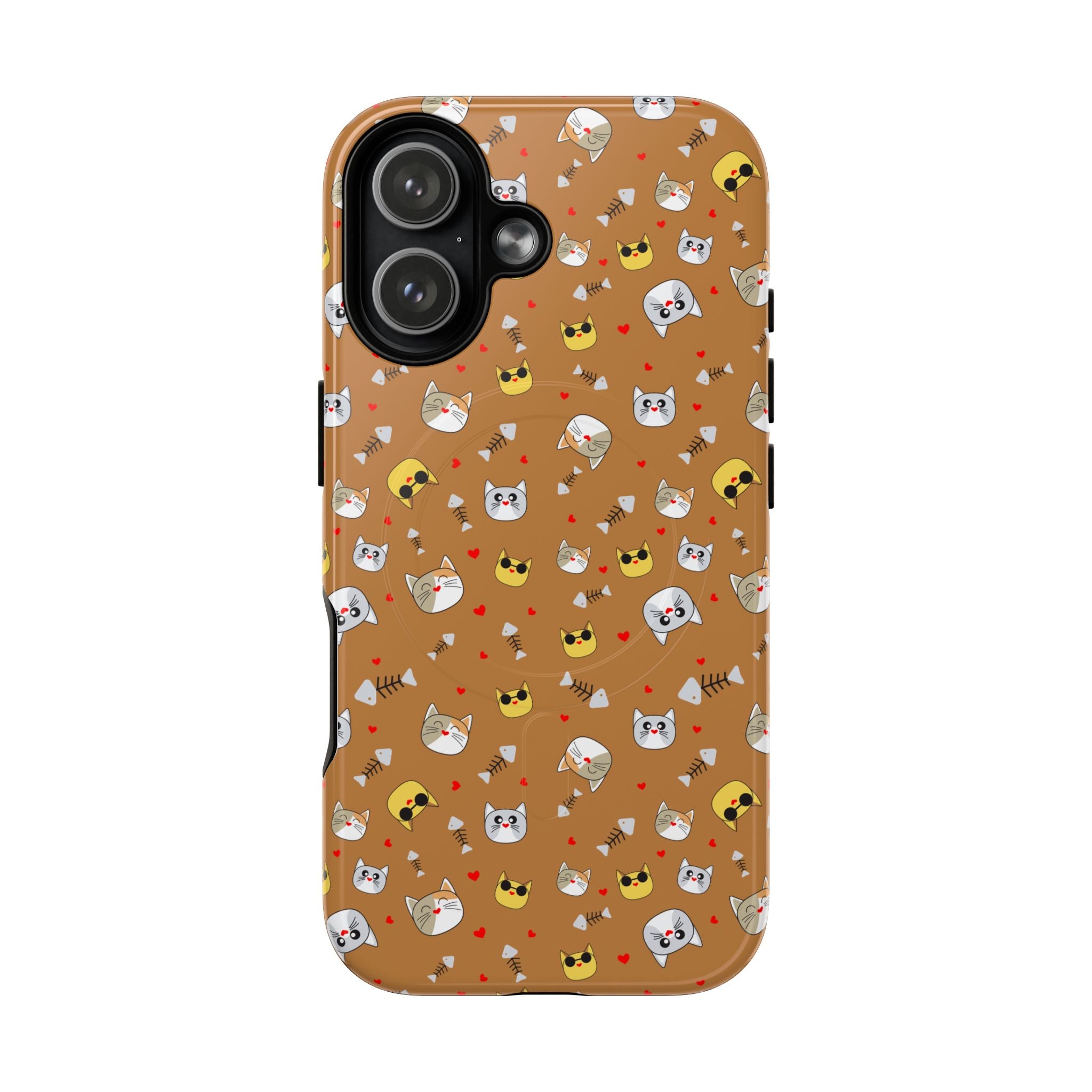 Cat Pattern Tough Magnetic Phone Case — Cute Kawaii Cat Faces on Brown