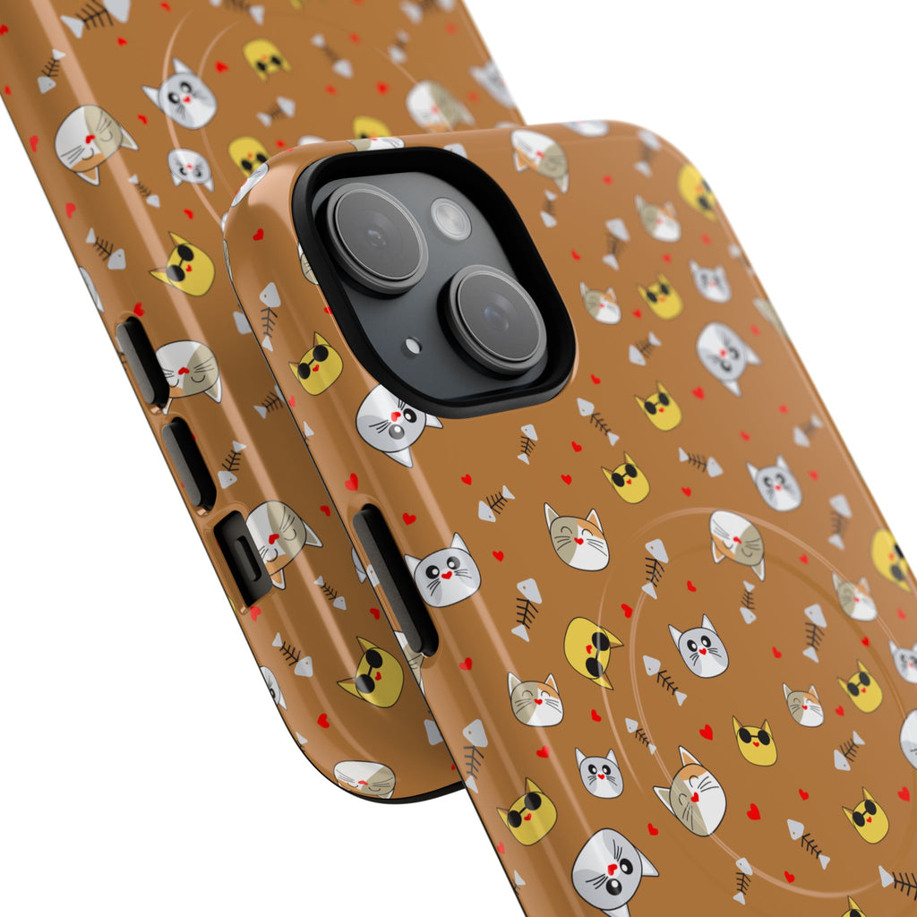 Cat Pattern Tough Magnetic Phone Case — Cute Kawaii Cat Faces on Brown