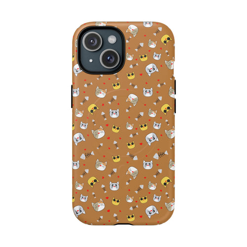 Cat Pattern Tough Magnetic Phone Case — Cute Kawaii Cat Faces on Brown