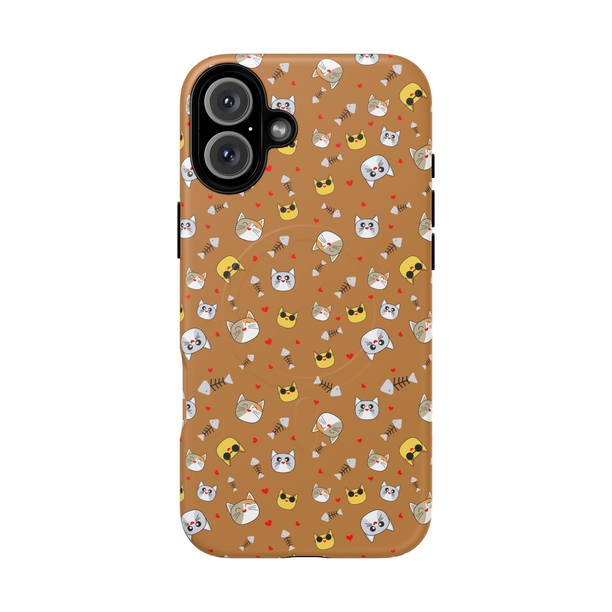 Cat Pattern Tough Magnetic Phone Case — Cute Kawaii Cat Faces on Brown