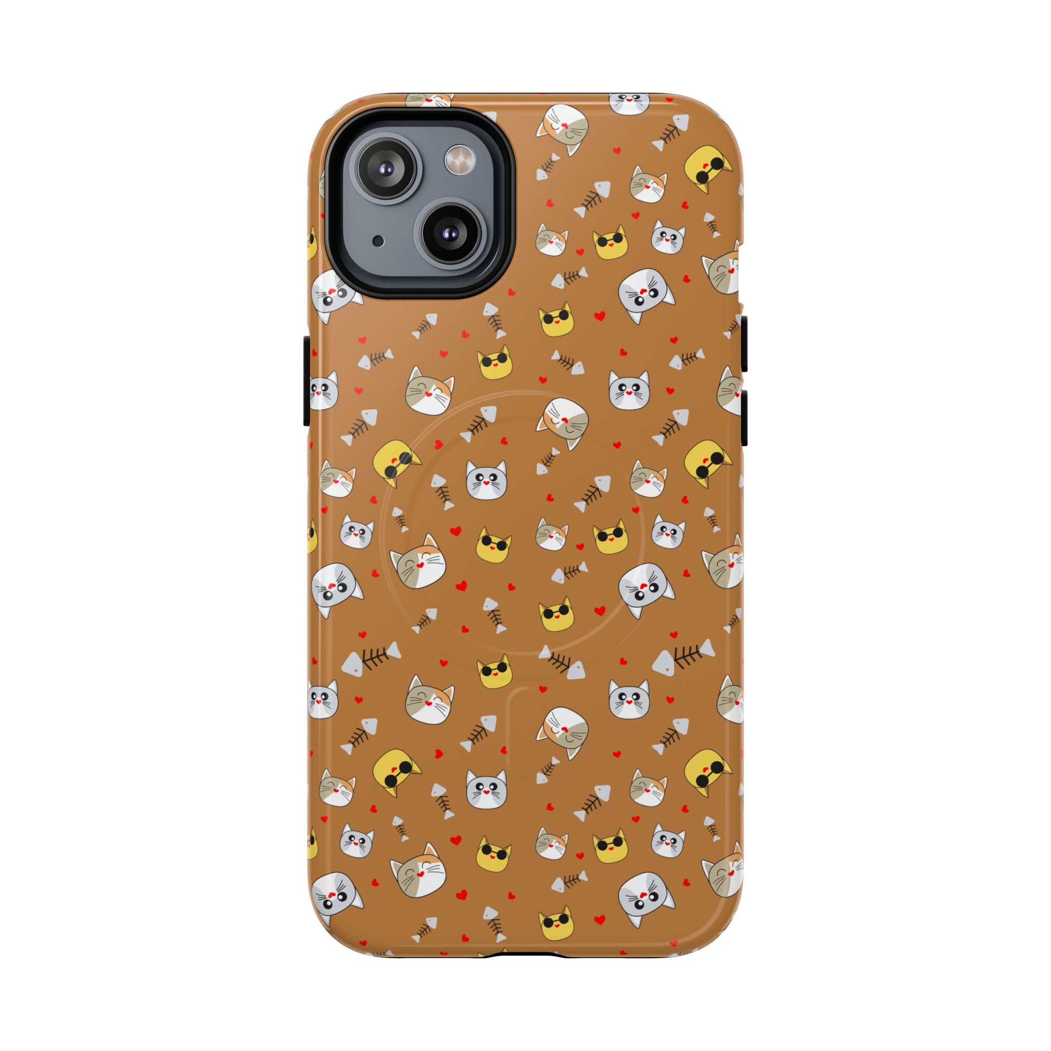 Cat Pattern Tough Magnetic Phone Case — Cute Kawaii Cat Faces on Brown
