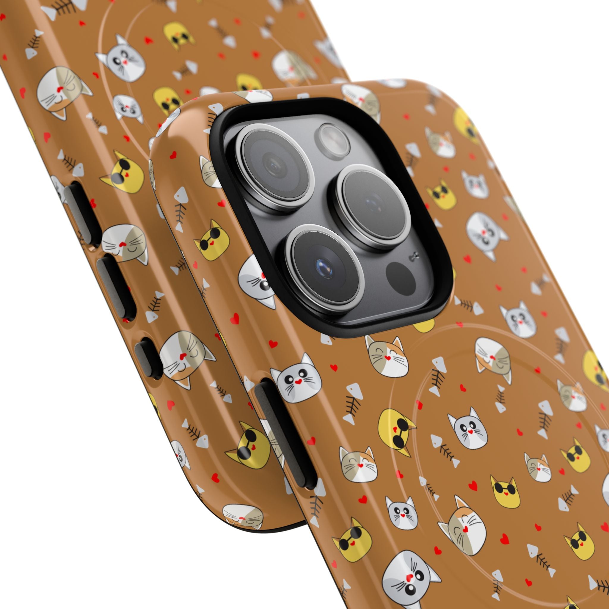 Cat Pattern Tough Magnetic Phone Case — Cute Kawaii Cat Faces on Brown