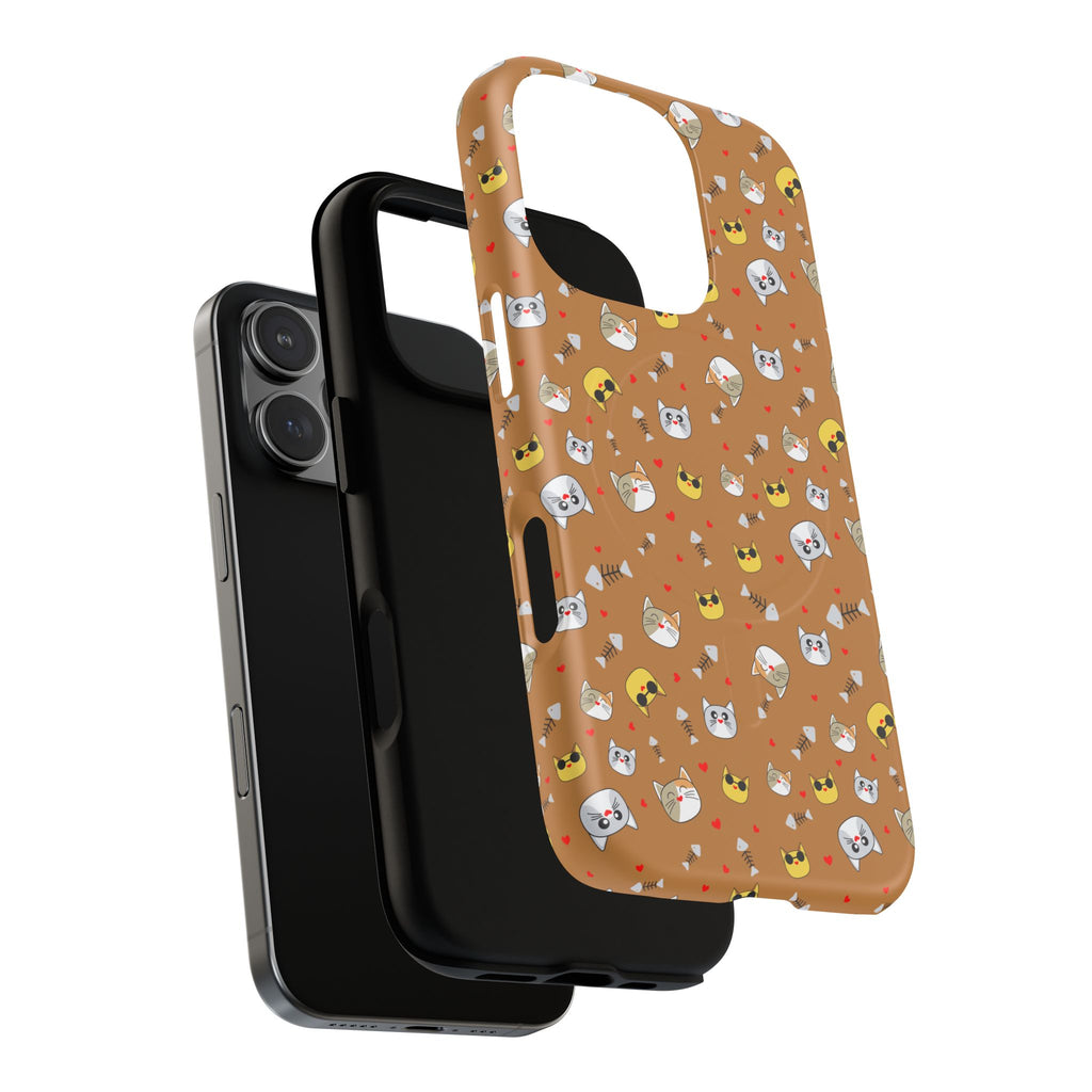 Cat Pattern Tough Magnetic Phone Case — Cute Kawaii Cat Faces on Brown