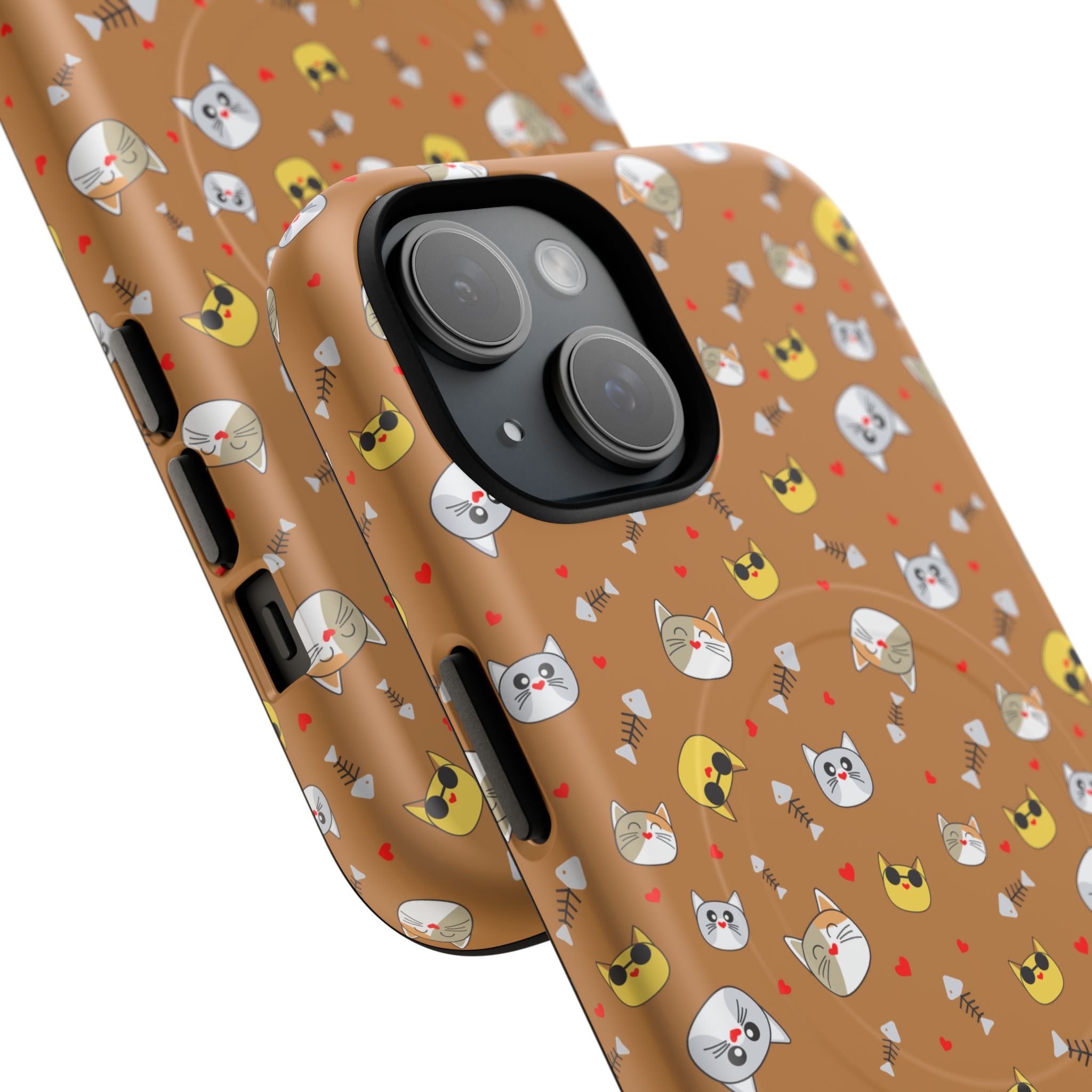 Cat Pattern Tough Magnetic Phone Case — Cute Kawaii Cat Faces on Brown