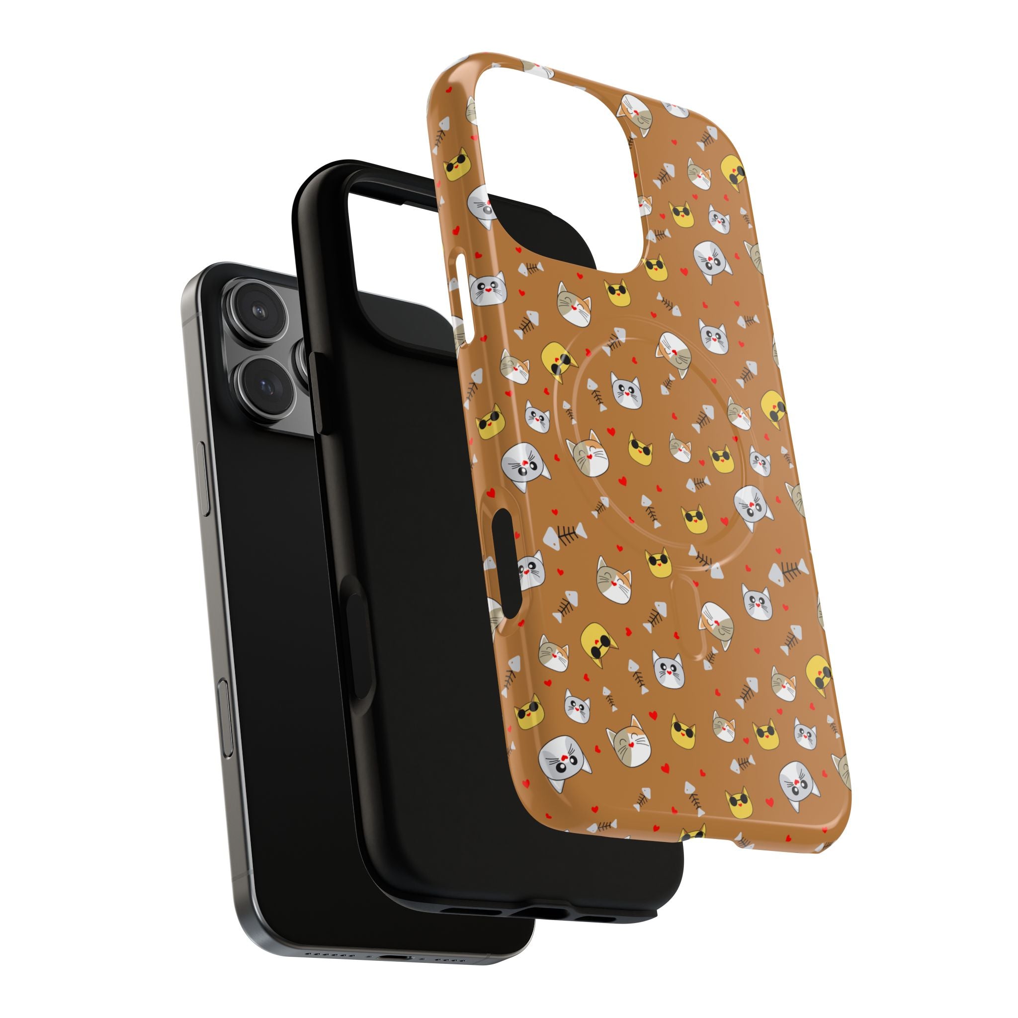 Cat Pattern Tough Magnetic Phone Case — Cute Kawaii Cat Faces on Brown